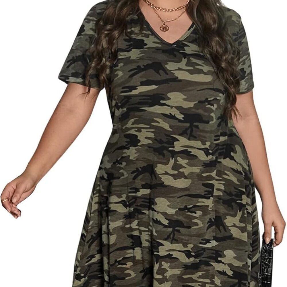 Women's Plus Size Camo Print V Neck Short Sleeve Casual T Shirt Dress